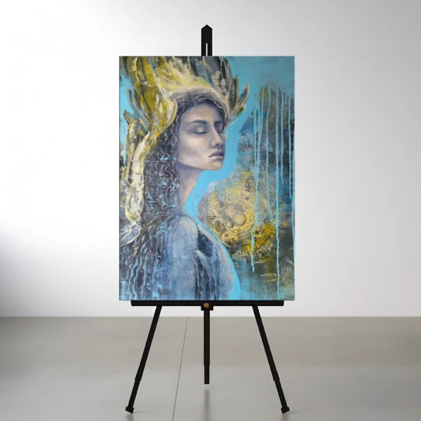 Unikalus rankų darbo paveikslas „Dangaus alsavimas“ – mistinis angelas su mandala, nutapytas akrilo ir aliejaus technika.