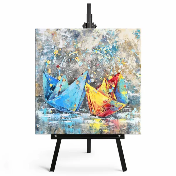 abstraktus akrilo paveikslas (40x40 cm) su spalvingais popieriniais laiveliais