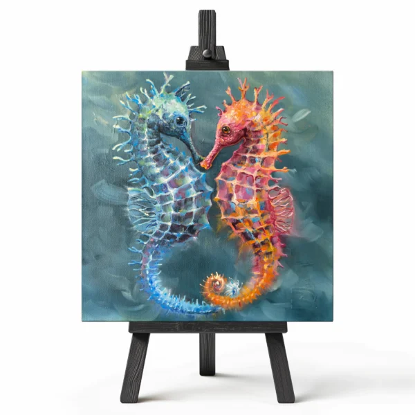 Paveikslas ant drobės du spalvingi jūros arkliukai 30x30cm tapyba