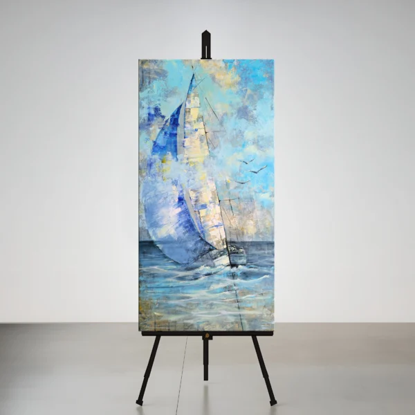 Burlaivio paveikslas „Pažinti save“ – moderni marinistinė tapyba su mėlynomis burėmis ir vėjo bei laisvės motyvais