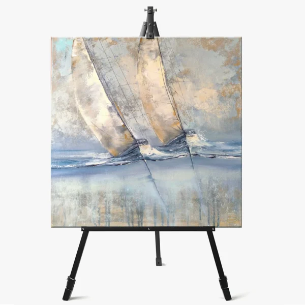 Šiuolaikinis paveikslas "Du, tai jau komanda" ant molberto – originalus aliejaus kūrinys su jachtomis, 50x50x3,5 cm, lietuvių dailininko darbas