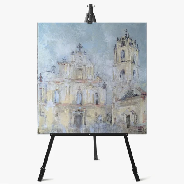Vilniaus Šv. Jonų bažnyčios paveikslas ant molberto dailininko studijoje