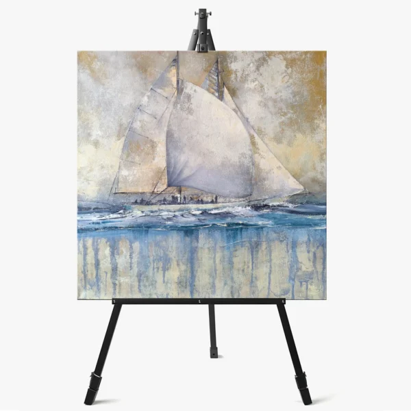 Modernus marinistinis paveikslas vaizduojauntis burlaivius su pilnai išskleistomis burėmis„ Vėjo kryptimi“ ant molberto